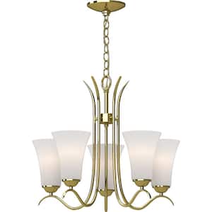 5-Light Polished brass Chandelier with Frosted Glass shade