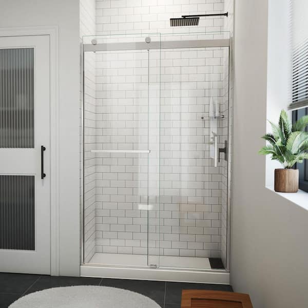 Sapphire-V 48 in. W x 76 in. H Sliding Semi Frameless Bypass Shower Door in Brushed Nickel with Clear Glass