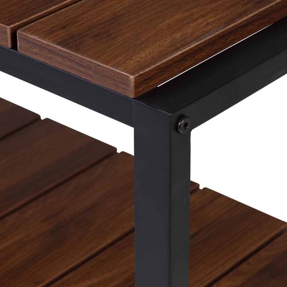 Walnut and Black 2-Tier Shoe Storage Bench with Seating