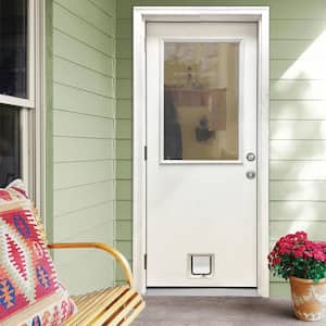30 in. x 80 in. Reliant Series Clear Half Lite RHOS White Primed Fiberglass Prehung Back Door with Small Cat Door