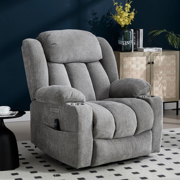Light Gray Durable Chenille Power Lift Recliner Chair with Massage and Heating, USB and Type-C Ports