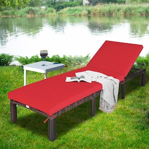 Adjustable Wicker Outdoor Chaise Lounge with Red Cushions