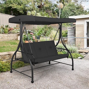 3-Person Metal Outdoor Patio Swing Canopy Hammock with Black Cushions