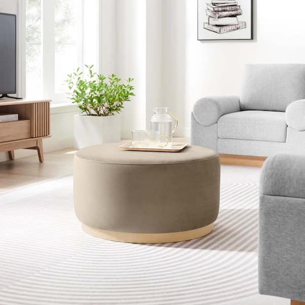 MODWAY Tilden Large 29 in. Round Performance Velvet Upholstered Ottoman in Taupe Natural