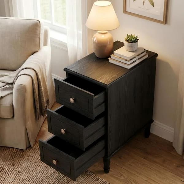 Fnova 25 in. H Solid Wood Black Rectangle End Table with 3 Drawers