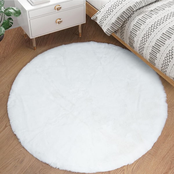 White 4 ft. x 4 ft. Circle Rug Fluffy Faux Fur Rug Plush Fuzzy Rug Round Area Rug
