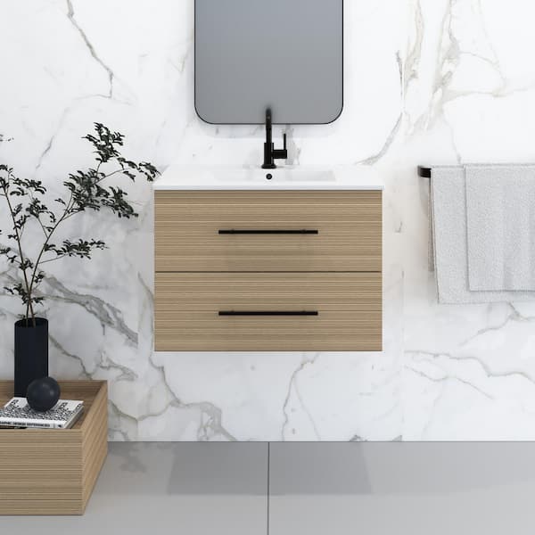 VOLPA USA AMERICAN CRAFTED VANITIES Napa 30 in. W. x 18 in. D Single Sink Bathroom Vanity Wall Mounted in Sand Pine with Ceramic Integrated Countertop