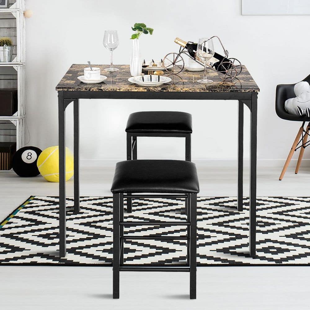 Costway 3-Piece Dark Faux Marble Pub Table Set with Black Chairs