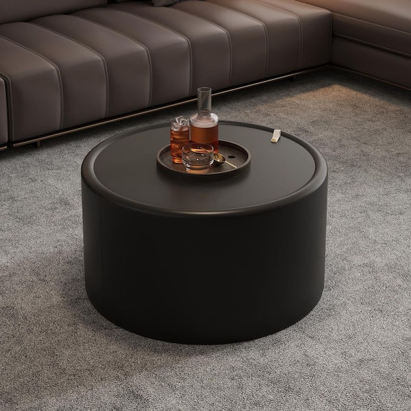 Riley Modern 27.56 in. Black Round Tempered Glass Coffee Table with PU Leather Body, Hidden Storage