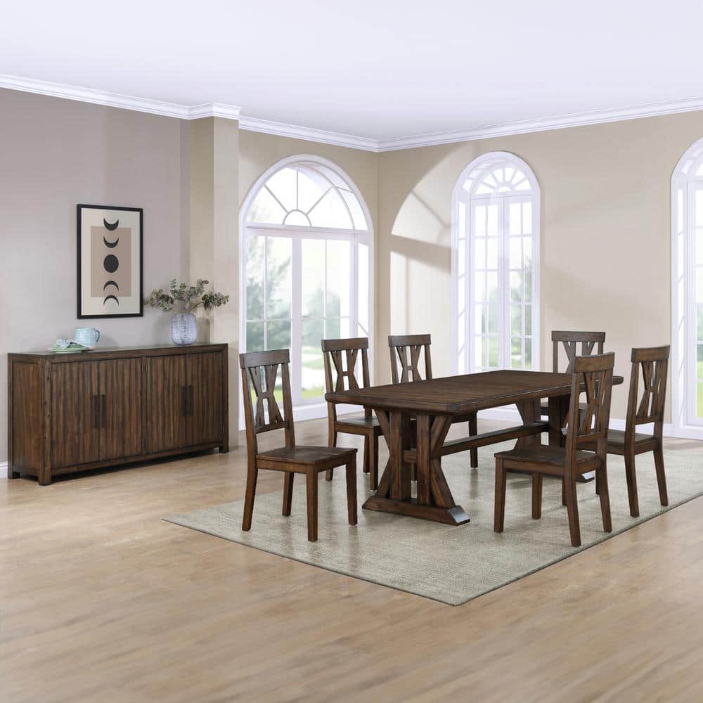 Auburn 126" Dark Brown Acacia Wood Dining Table with 6 Chairs