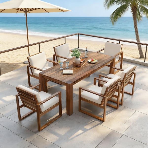 Mocha 7-Piece Wood Outdoor Dining Set with Beige Cushion and Umbrella Hole for Patio,Deck, Backyard, Garden and Poolside