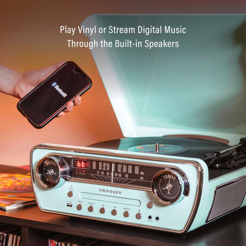 Aqua Blue Retro Style 7-in-1 Record Player with AM/FM Radio