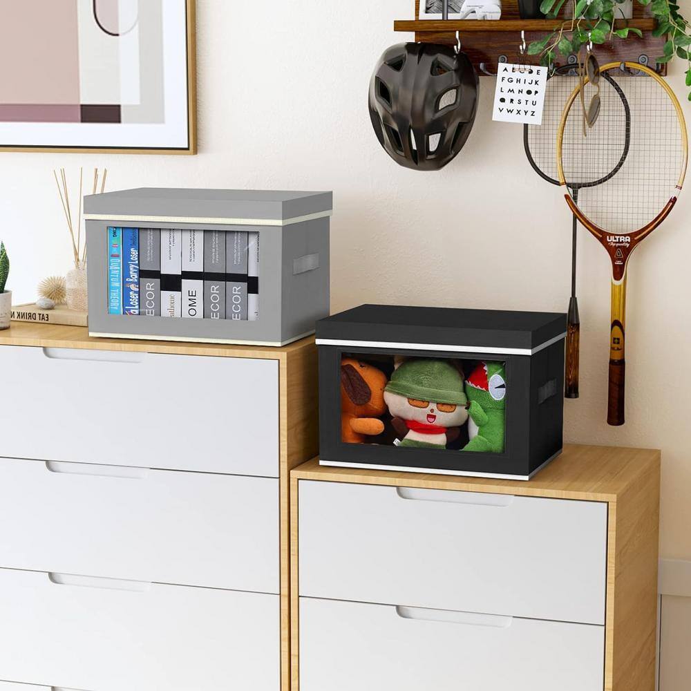 Black Fabric Foldable Cube Storage Bins with Clear Window, 4-Pack