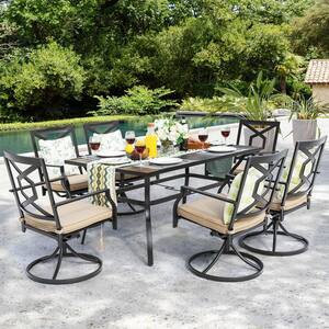 Black 7-Piece Metal Rectangle Patio Outdoor Dining Set with Beige Cushions Outdoor Table Set and Swivel Chairs