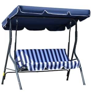 3-Person Dark Blue Metal Patio Swing with Adjustable Shade, Cushion and Steel Frame