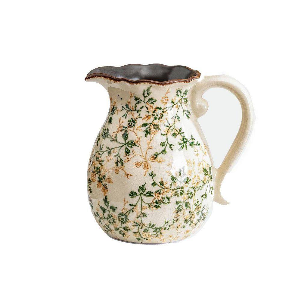 8 in. Beige Ceramic Chinoiserie Floral Pitcher Vase, Rustic