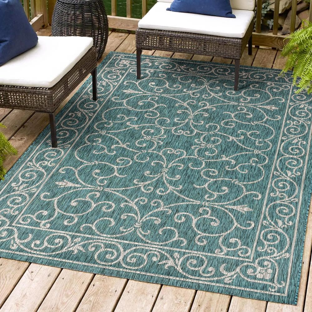 Teal & Gray Vintage Boho-Chic Filigree 9'x12' Indoor/Outdoor Rug