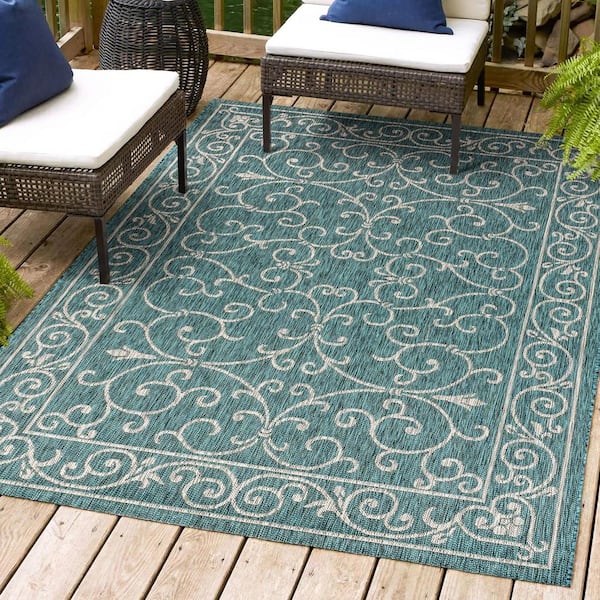 Charleston Vintage Filigree Textured Weave Teal/Gray 5 ft. x 8 ft. Indoor/Outdoor Area Rug