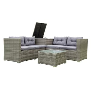 4-Piece Patio PE Wicker Rattan Outdoor Furniture Set Sectional Set, with Gray Cushions, Storage Box and Table