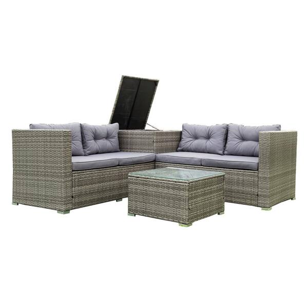 Afoxsos 4-Piece Patio PE Wicker Rattan Outdoor Furniture Set Sectional Set, with Gray Cushions, Storage Box and Table