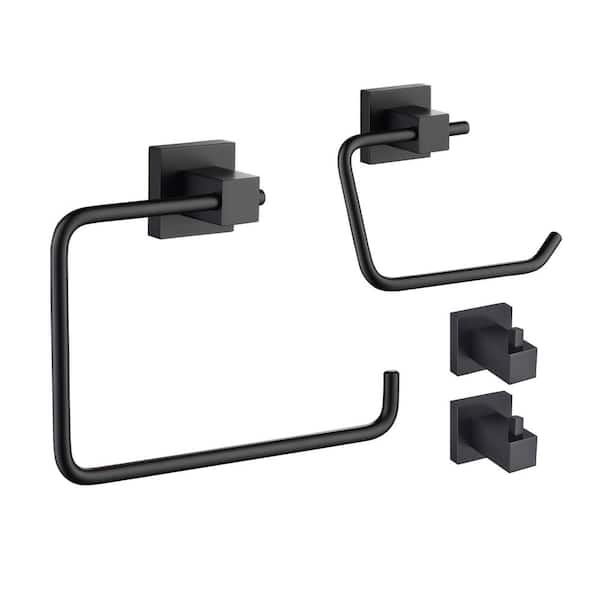 4-Piece Bathroom Hardware Set with Towel/Robe Hook Toilet Paper Holder Towel Ring in Matte Black