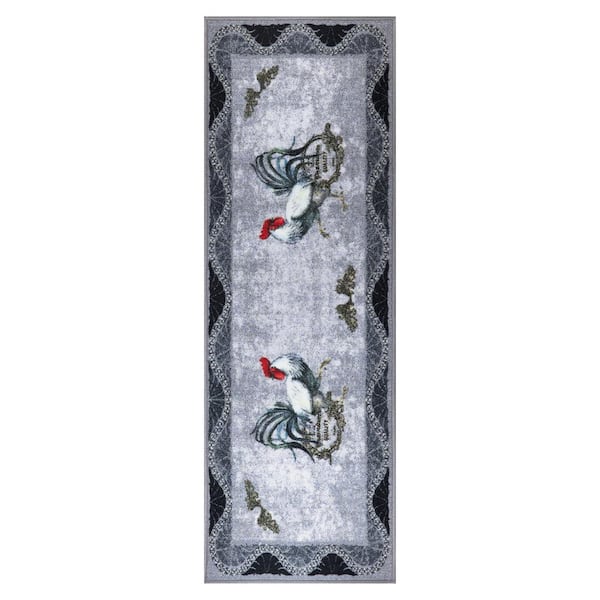 Ottomanson Rooster Collection Non-Slip Rubberback Rooster Design 2x5 Kitchen Runner Rug, 1 ft. 8 in. x 4 ft. 11 in., Gray Wavy