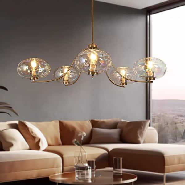 41.5 in. 5-Light Plating Brass Modern Sputnik Linear Dining Room Chandelier with Curvy Arms and Iridescent Glass Globes