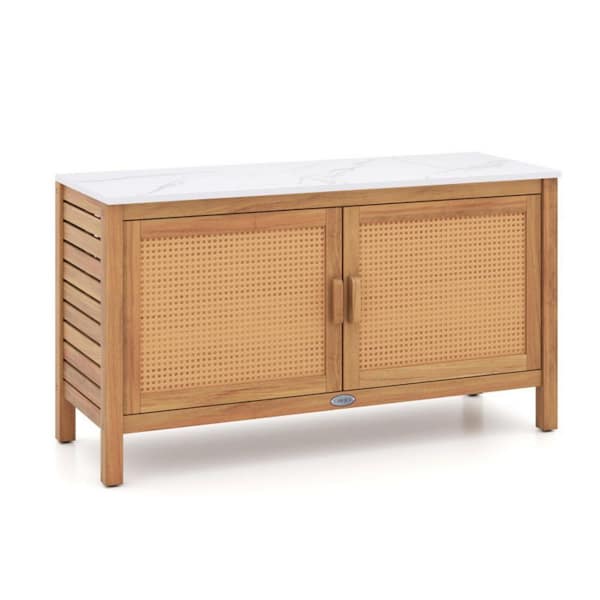43 in. W x 16 in. D x 24 in. H Natural Acacia Wood Outdoor Storage Cabinet with Faux Marble Top and Magnetic Door
