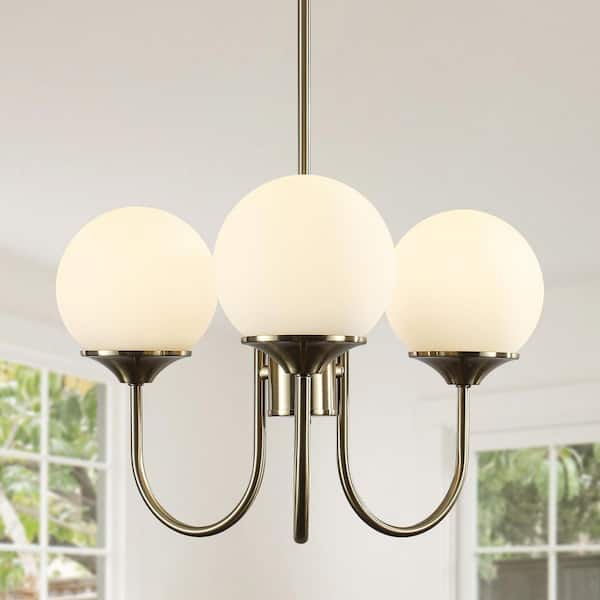 3-Light Brass Farmhouse Modern Pendant Light with Milky White Ball Glass Shade Chandelier for Dining Room
