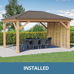 Professionally Installed Meridian 12 ft. x 16 ft. Cedar Shade Gazebo with a 12 ft. Privacy Wall and Brown Aluminum Roof
