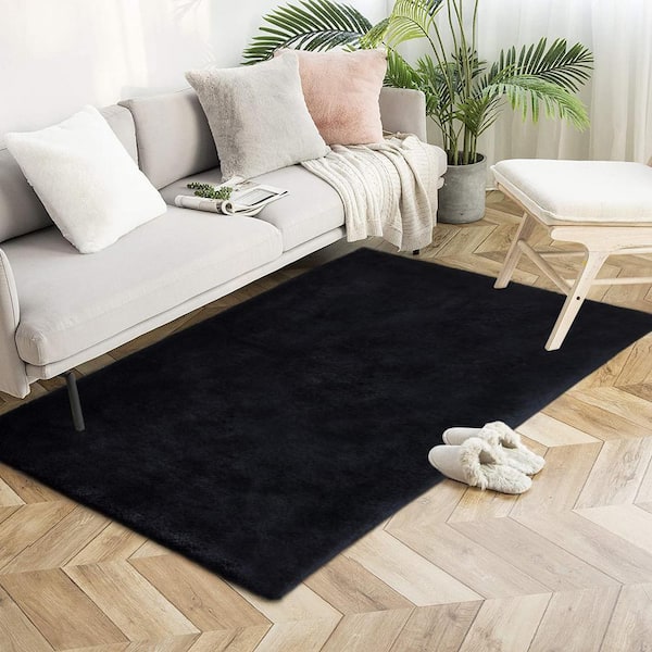 Mmlior Black 4 ft. x 6 ft. Soft Faux Rabbit Fur Area Rug