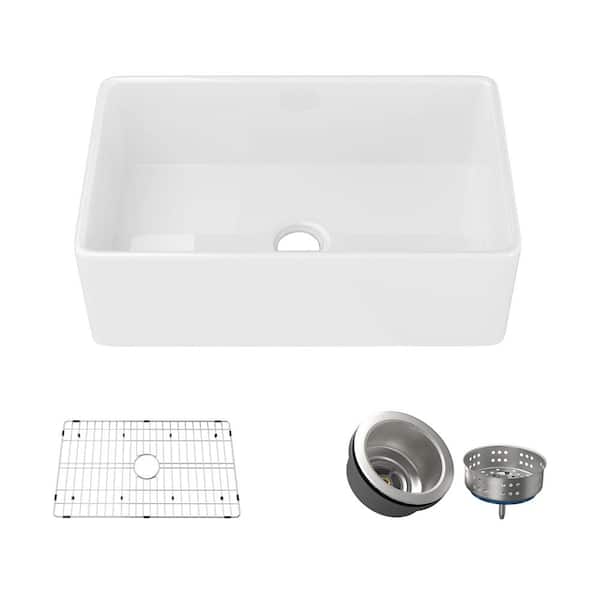 FAMYYT 30 in. Farmhouse Single Bowl White Fireclay Apron Front Kitchen Sink with Bottom Grid and Drain