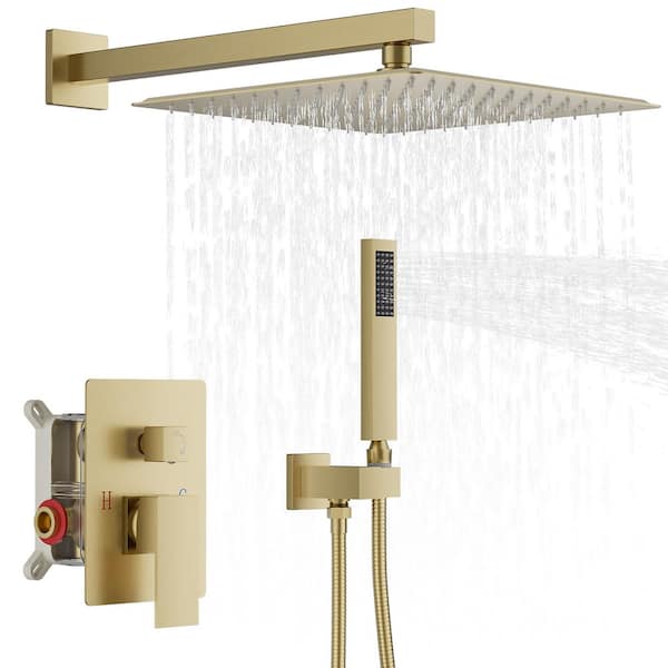 Luxurious Single Handle 2-Spray 10 in. Wall Mount Square Shower Head with Hand Shower Faucet in Brushed Gold