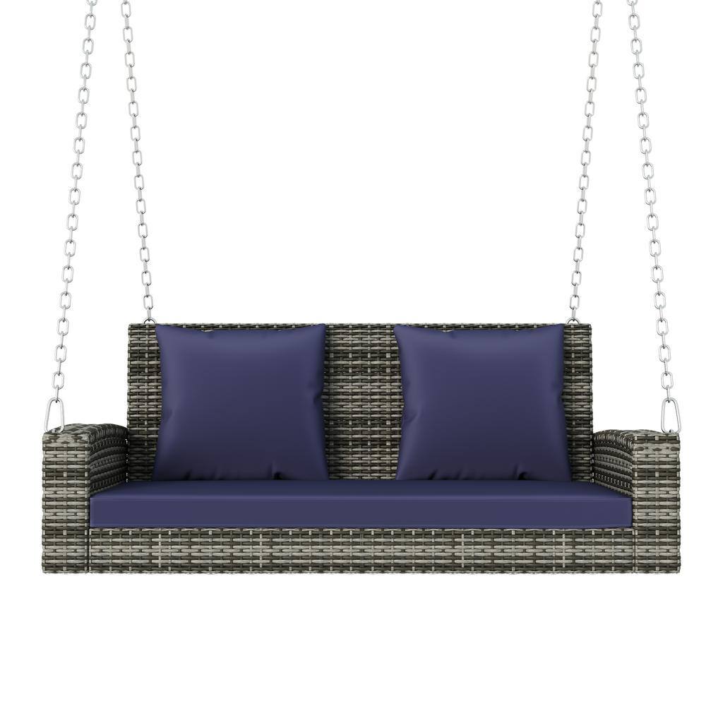 2-Person Patio Rattan Wicker Hanging Porch Swing with Blue Long Cushion and