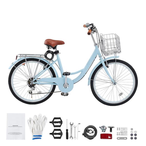Cruiser Bike, 7-Speed, 24-In. Light Blue Beach Cruiser Bike with Large Capacity Basket and Rear Rack, Secure