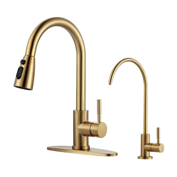 15.6 in. Single Handle Pull Down Sprayer Kitchen Faucet with 360° Spout Swivel in Brushed Gold