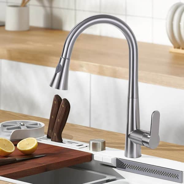 Satico Single Handle Gooseneck Pull Down Sprayer Kitchen Faucet in Brushed Nickel