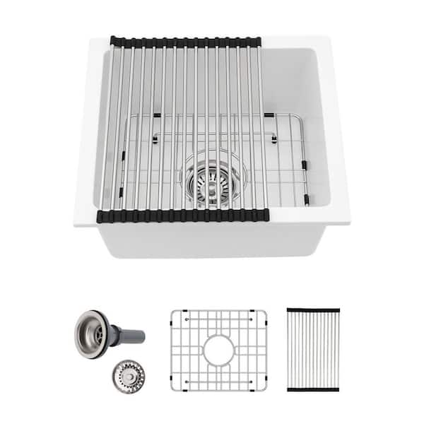 18 in. Undermount Single Bowl White Quartz Composite Kitchen Prep Sink Granite Bar Basin Round Corner with Bottom Grid