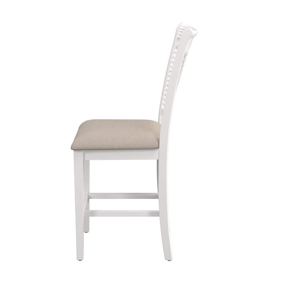 Bayberry White Wood Counter Stools with Beige Upholstery, Set of 2