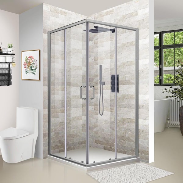 36 in. x 72 in. Corner Shower Enclosure, Clear Glass, Double Sliding Doors, with Handle in Chrome ( Base not Included)