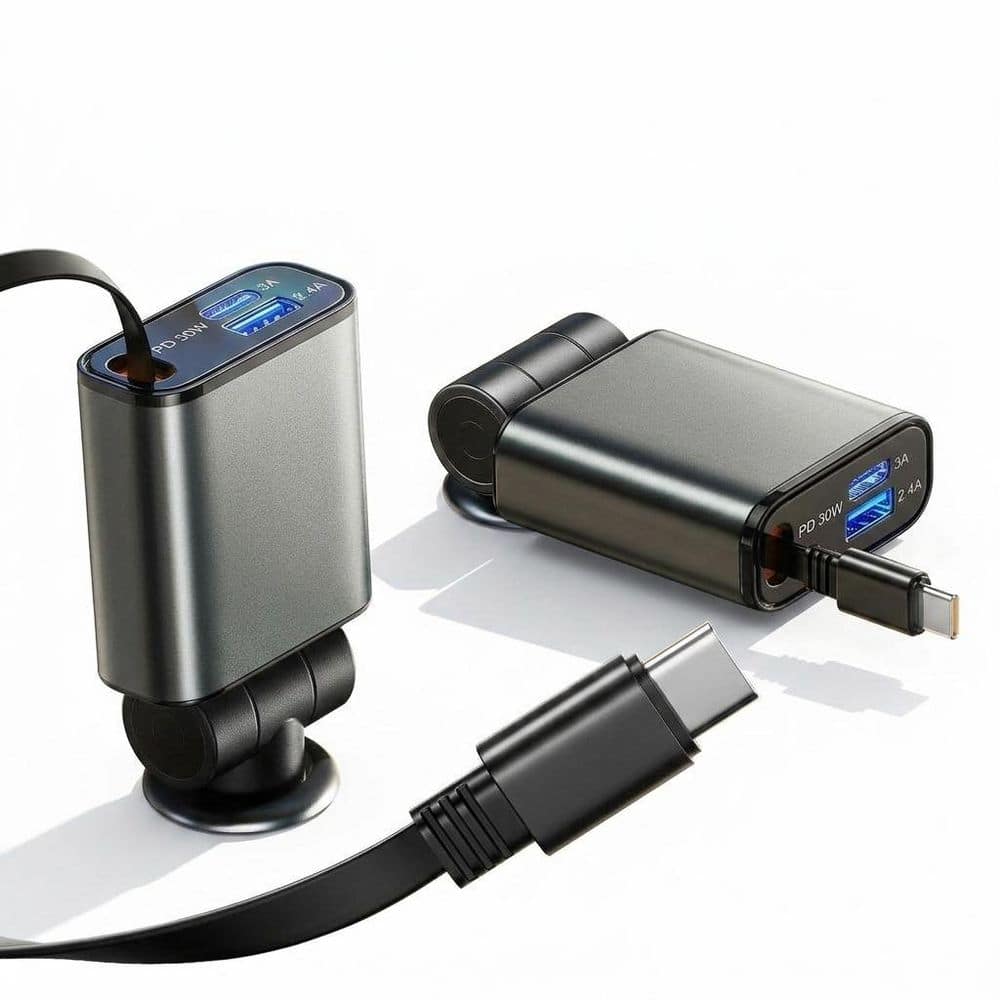Car Charger Adapter USB C Retractable Cord in Black Ultra Compact Fast Charge for iPhone 17 16 15 Samsung S25 price history on PriceWatchPro