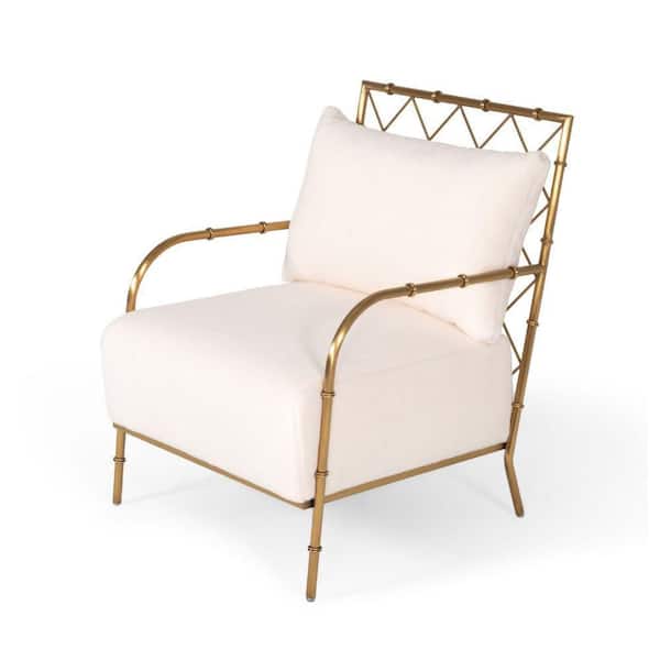 Benjara Reno White and Gold Fabric Loose Pillow Back Accent Chair