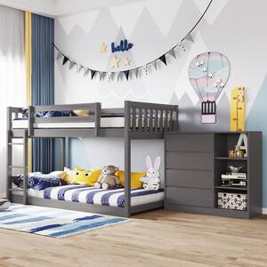 Gray Floor Bunk Bed Frame with 4 Drawers and 3 Shelves, Twin Over Twin Wood Bunk Bed For Kids, Girls, Boys, Teens
