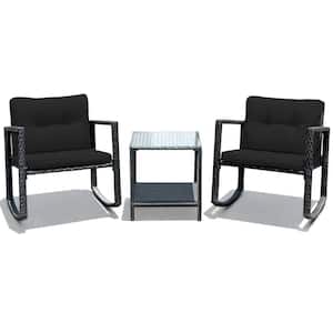 3-Pieces Rattan Rocking Chair Table Set Patio Furniture Set with Black Cushions