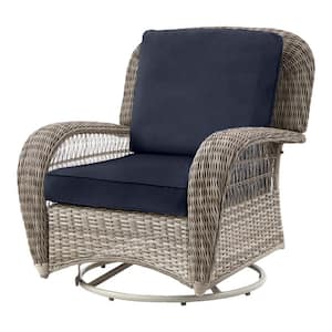 Beacon Park Gray Wicker Outdoor Patio Swivel Lounge Chair with CushionGuard Midnight Navy Cushions