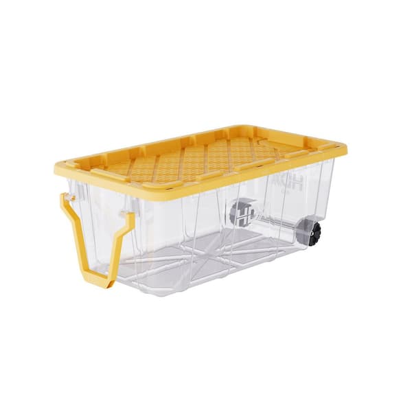 40 Gal. Tough Storage Tote with Wheels and Handle in Clear and Yellow