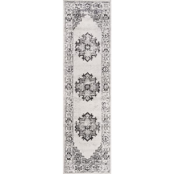 JONATHAN Y Inigo Black and White Cottage Medallion Dark Gray/Cream 2 ft. x 8 ft. Runner Rug