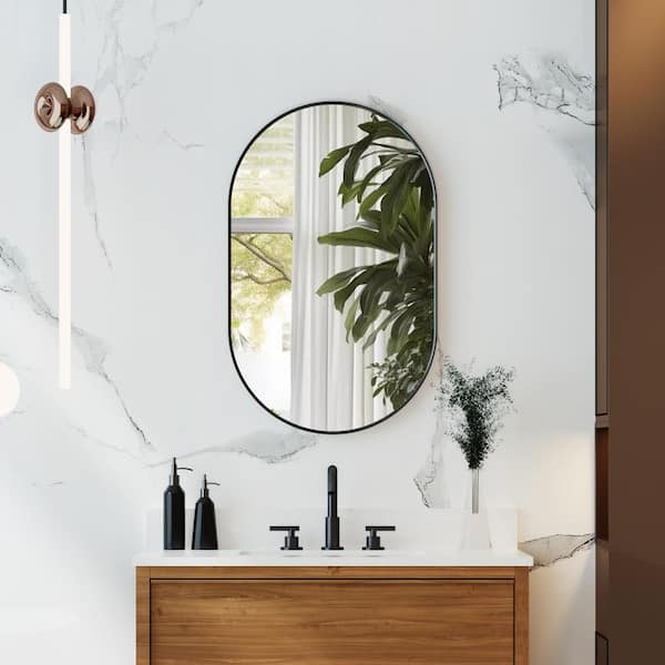 ANGELES HOME 20 in. W x 32 in. H Oval Small Framed Wall Bathroom Vanity Mirror in Matte Black