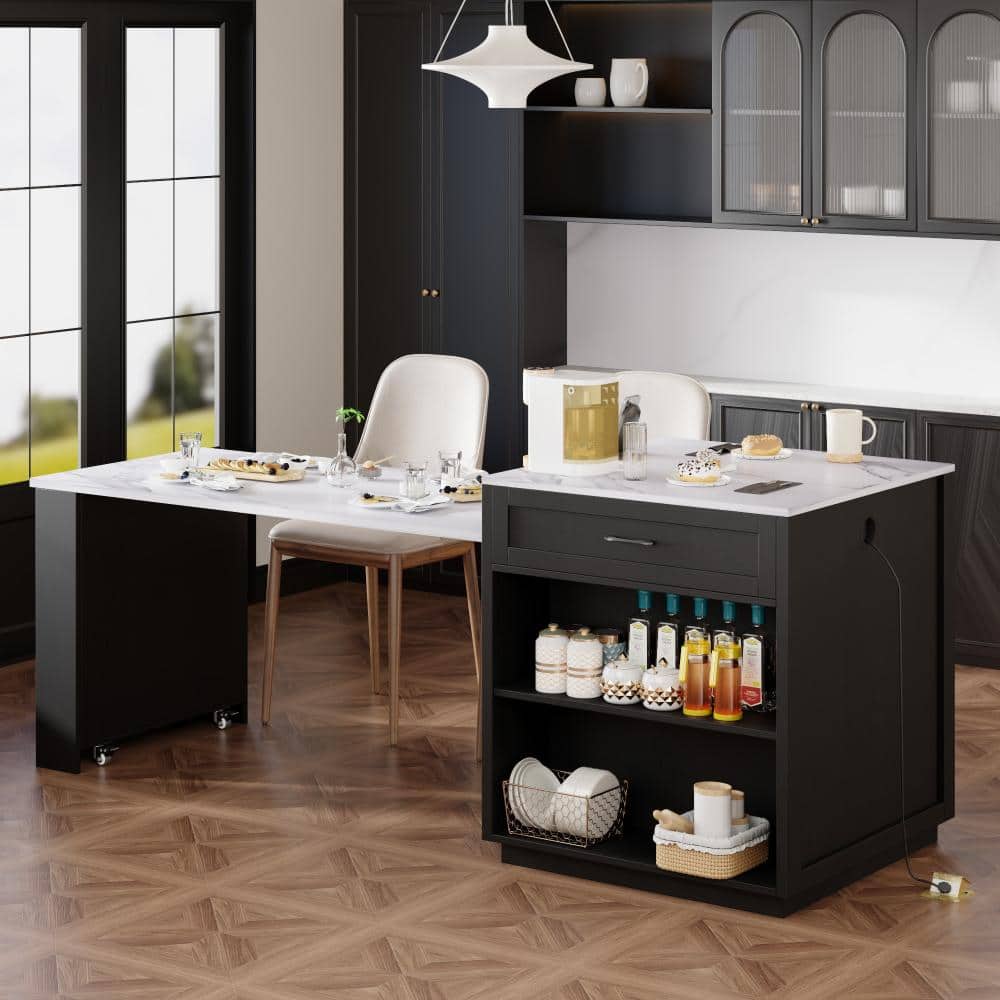 Farmhouse Rolling Black Extendable Wood Tabletop 83 in. Kitchen Island Cart with Power Outlet