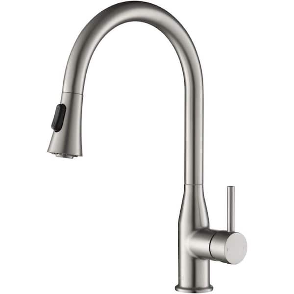KIBI 16.19 in. H Single Hole 1.8 GPM Pull Down Sprayer Kitchen Faucet with 360° Spout Swivel in Brushed Nickel